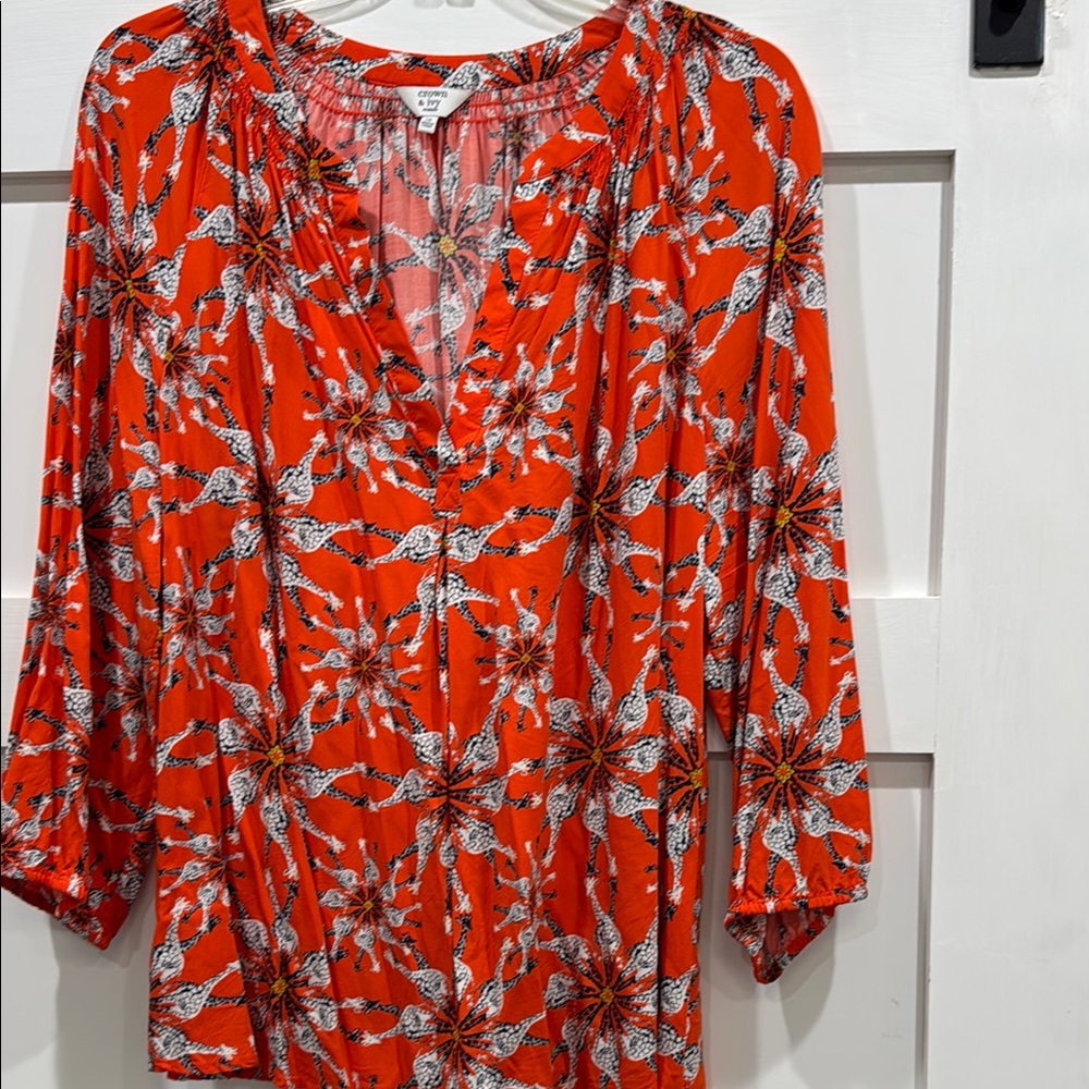 Crown & ivy Orange Relaxed V-Neck Tunic with 3/4 Sleeves
